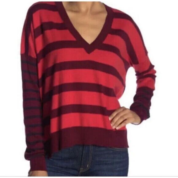 Derek Lam Striped V-neck Sweater in Red, Size XS, Hi-Low Cotton Cashmere - Picture 1 of 11